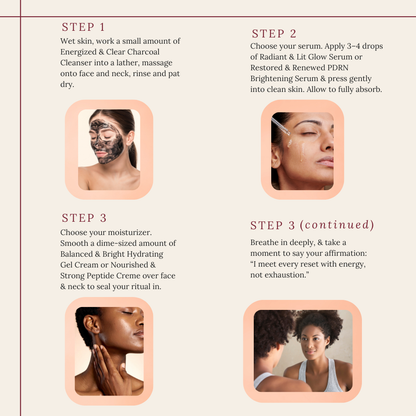 A skincare instruction graphic with four panels showing facial massage and routine steps, including text instructions and small inset photos of a woman's face. The layout is on a warm beige background with pinkish peach panels and dark brown text.