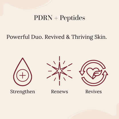A promotional graphic with the text 'PDRN + Peptides' and 'Powerful Duo. Revived & Thriving Skin. ingredient call out for illuminate revive ritual kit