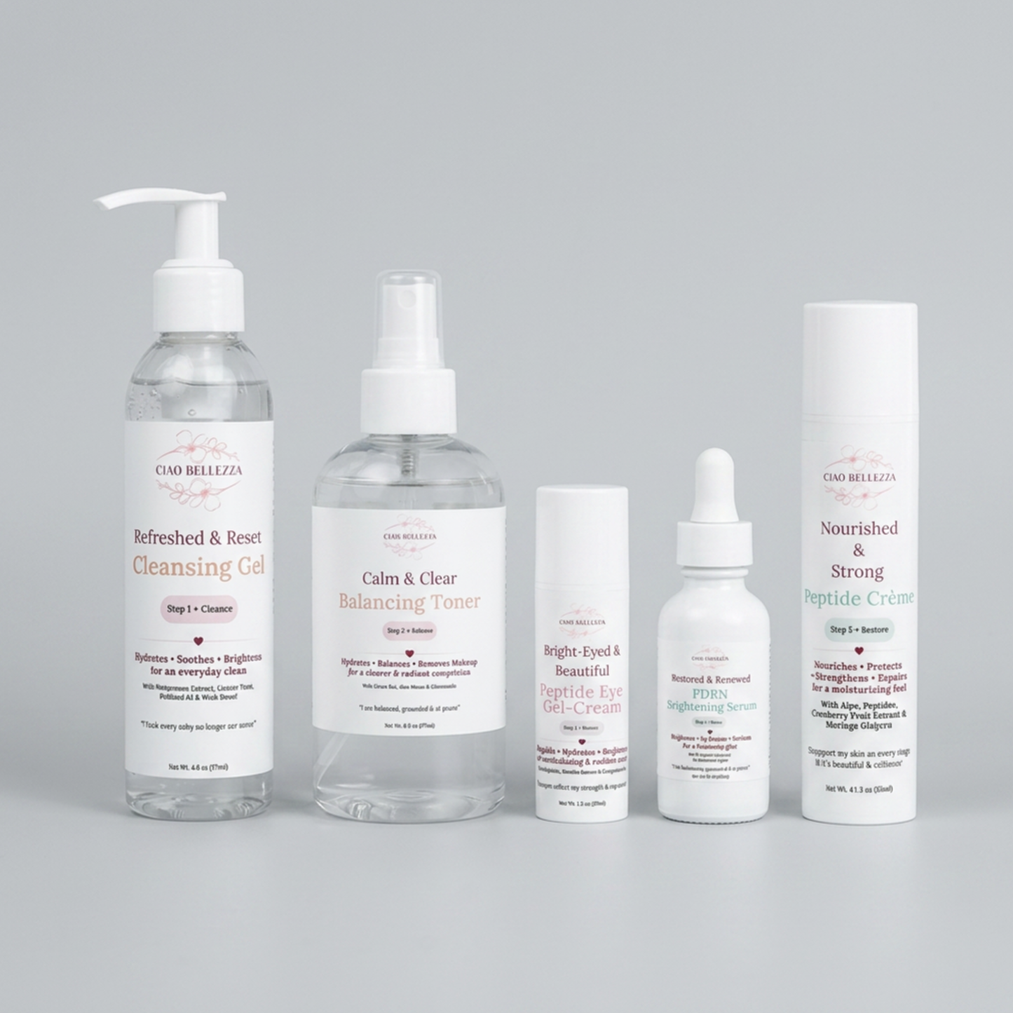 A five-piece skincare set from OAD BELLEZA on a light gray background. The set includes a large pump bottle of Cleansing Gel, a spray bottle of Balancing Toner, a small dropper bottle of Peptide Eye - cream, a small dropper bottle of Peptides, and a tall tube of Peptide Crème.