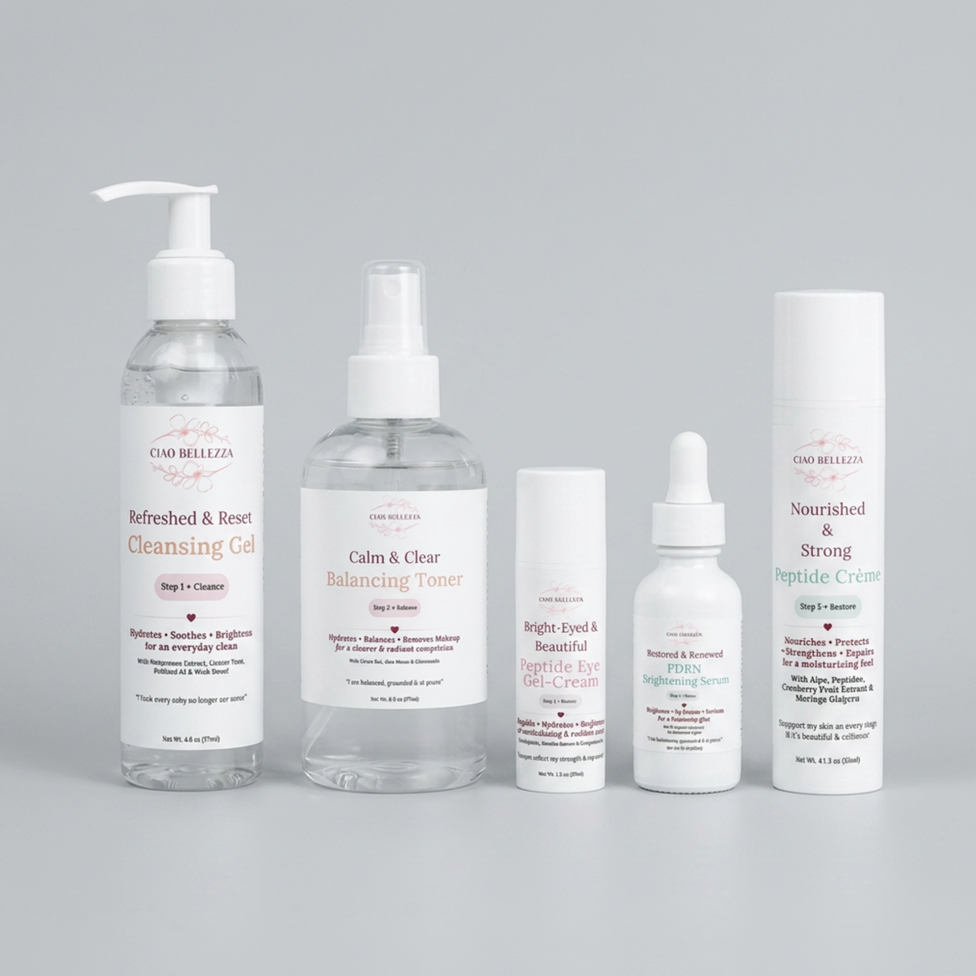 A five-piece skincare set from OAD BELLEZA on a light gray background. The set includes a large pump bottle of Cleansing Gel, a spray bottle of Balancing Toner, a small dropper bottle of Peptide Eye - cream, a small dropper bottle of Peptides, and a tall tube of Peptide Crème.