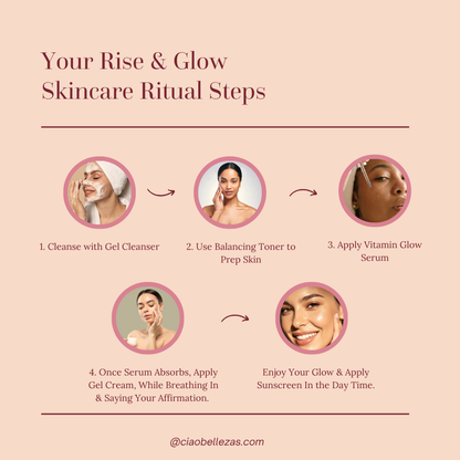 An infographic titled 'Your Rise & Glow Skincare Ritual Steps' on a pale peach background, showing five illustrated skincare steps with circular photos of a woman, arrows, and descriptive text. The website @ciaobellezas.