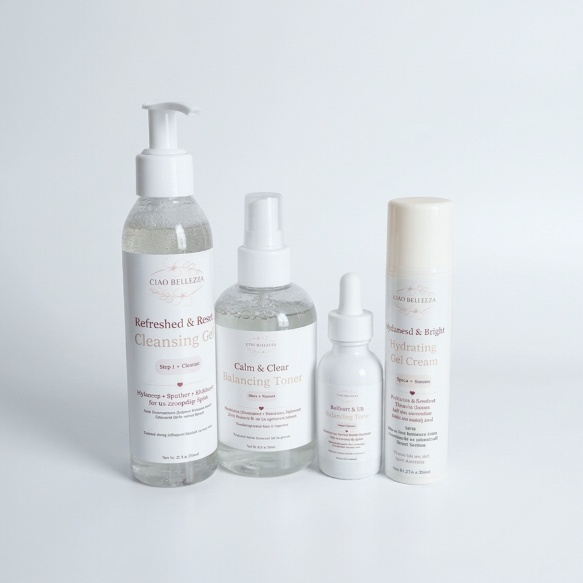 Four skincare products from Cao Reloved on a clean white background: a large pump bottle of Cleansing Gel, a spray bottle of Balancing Toner, a dropper bottle of Serum, and a tall cylindrical bottle of Hydrating Fat Cream.