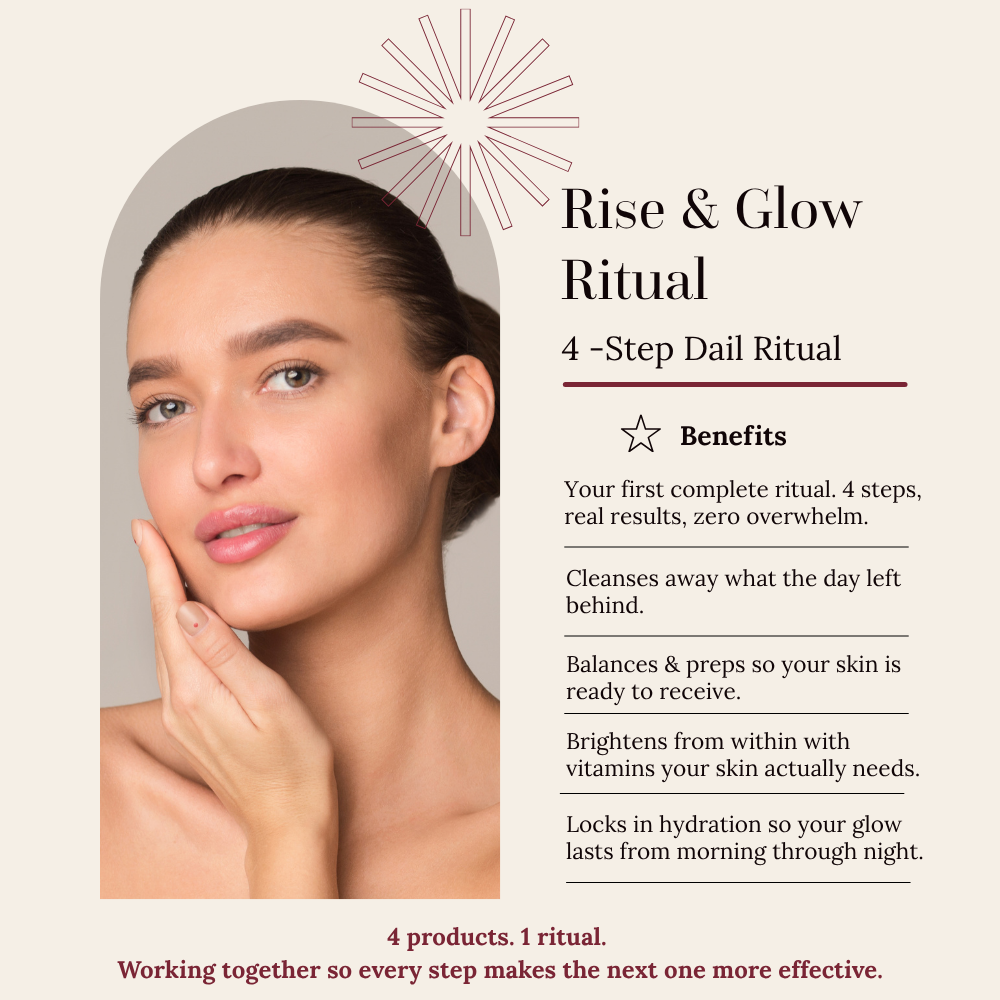 Promotional graphic for the 'Rise & Glow Ritual' 4-step daily routine, featuring a woman with clean skin on the left and text detailing the benefits of the skincare routine on a beige background.