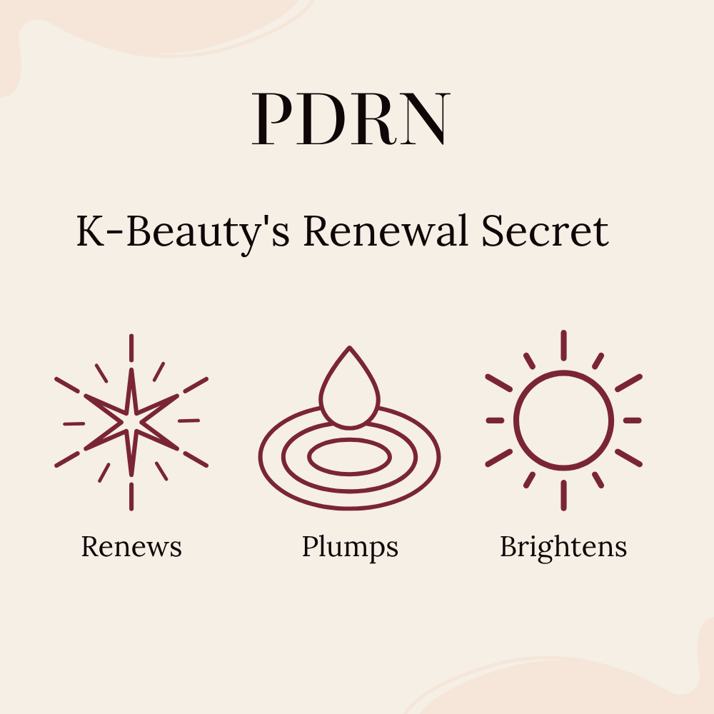 Promotional graphic for PDRN, K-Beauty's Renewal Secret, featuring three line-art icons with labels: a starburst for 'Renews,' a droplet over ripples for 'Plumps,' and a sun for 'Brightens,' on a light beige background.